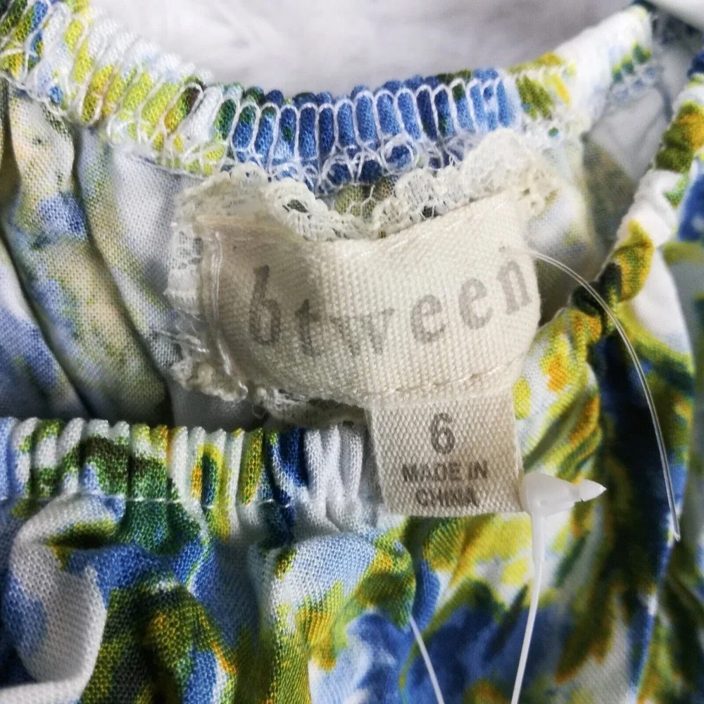 Btween Girls Dress Midi Blue White Floral Cap Sleeve Scrunchie Ruffle 6‎ New